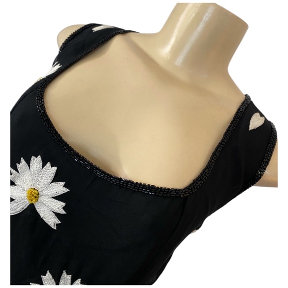 Y2K GUAL Designer Silk Embroidered Beaded Daisy Long Dress Black Size Large - Picture 4 of 12